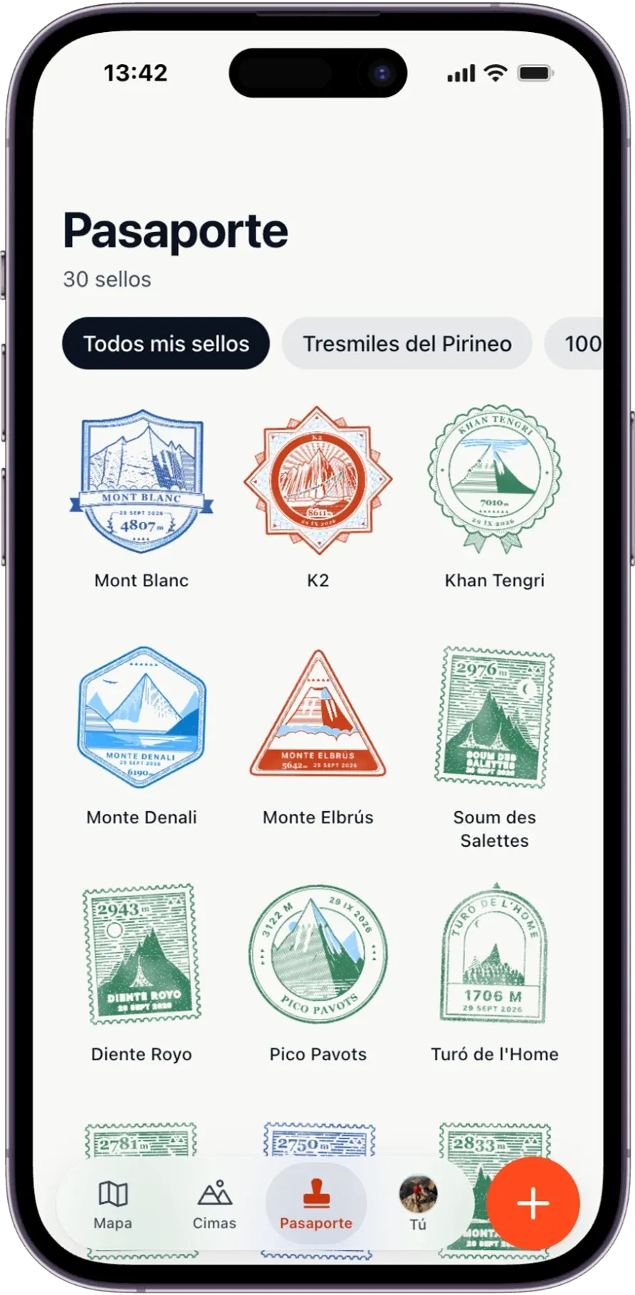 Pantalla del pasaporte con sellos de Mont Blanc, K2 y cimas del Pirineo