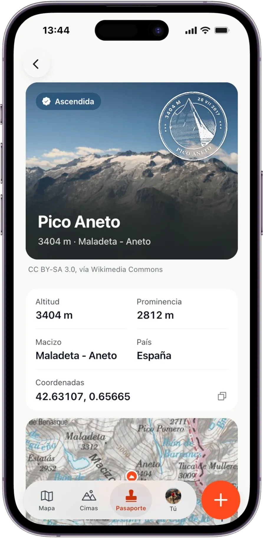 Ficha del Pico Aneto: 3404 m, prominencia 2812 m, macizo Maladeta